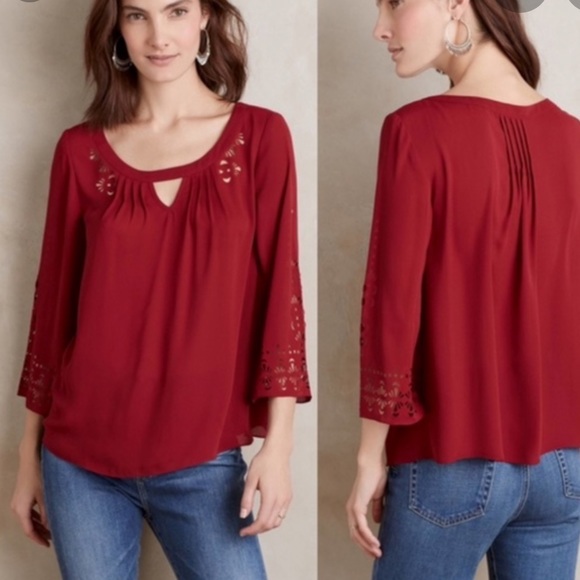 Anthropologie Tops - Maeve Anthropologie Red Laser Cut Blouse